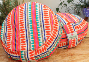 Yoga Meditation Cushion | Handwoven Handmade Round Zafu Pillow  |Zipped Cover |Washable| Portable - Carnival - Filling Options Available