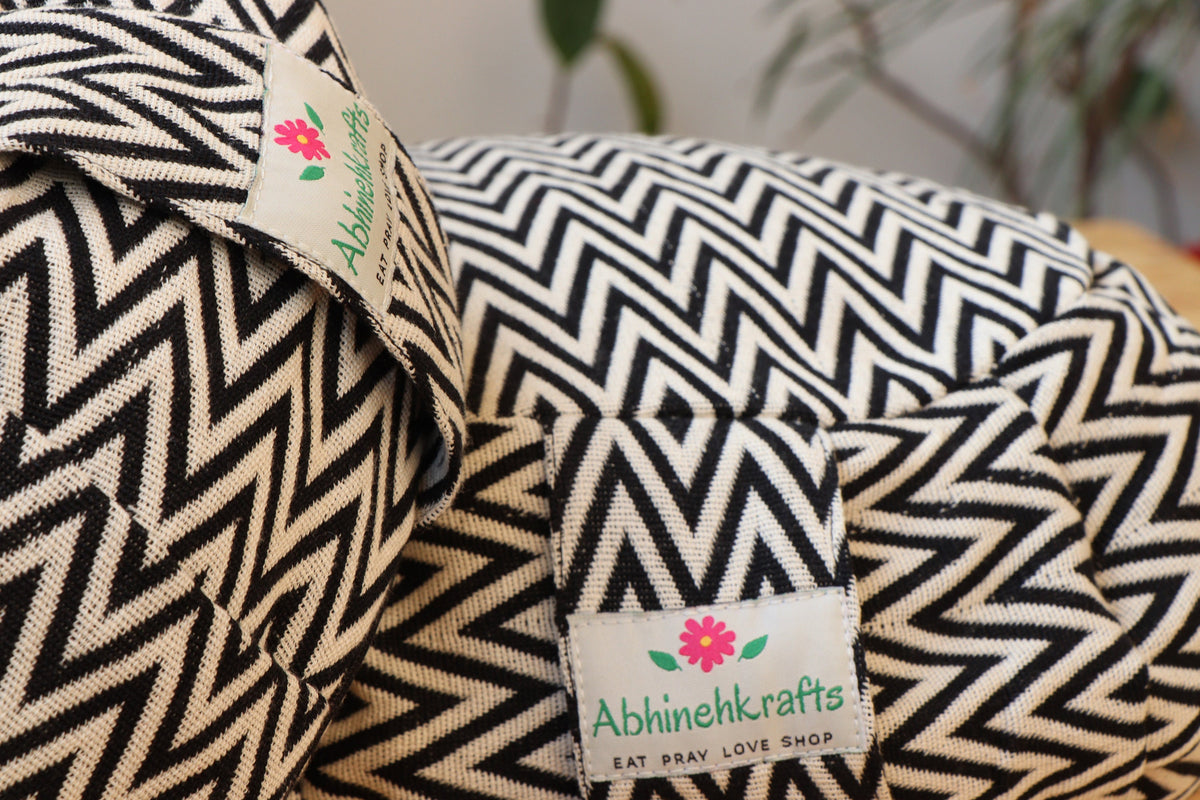 Yoga Meditation Cushion | Handwoven Handmade Round Zafu Pillow  |Zipped Cover |Washable| Portable - Black Aztec - Filling Options Available