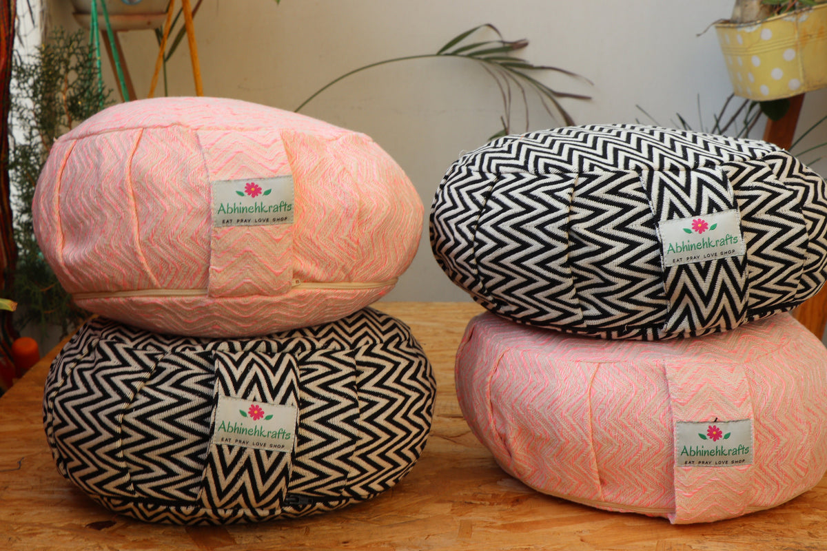 Yoga Meditation Cushion | Handwoven Handmade Round Zafu Pillow  |Zipped Cover |Washable| Portable - Rose - Filling Options Available