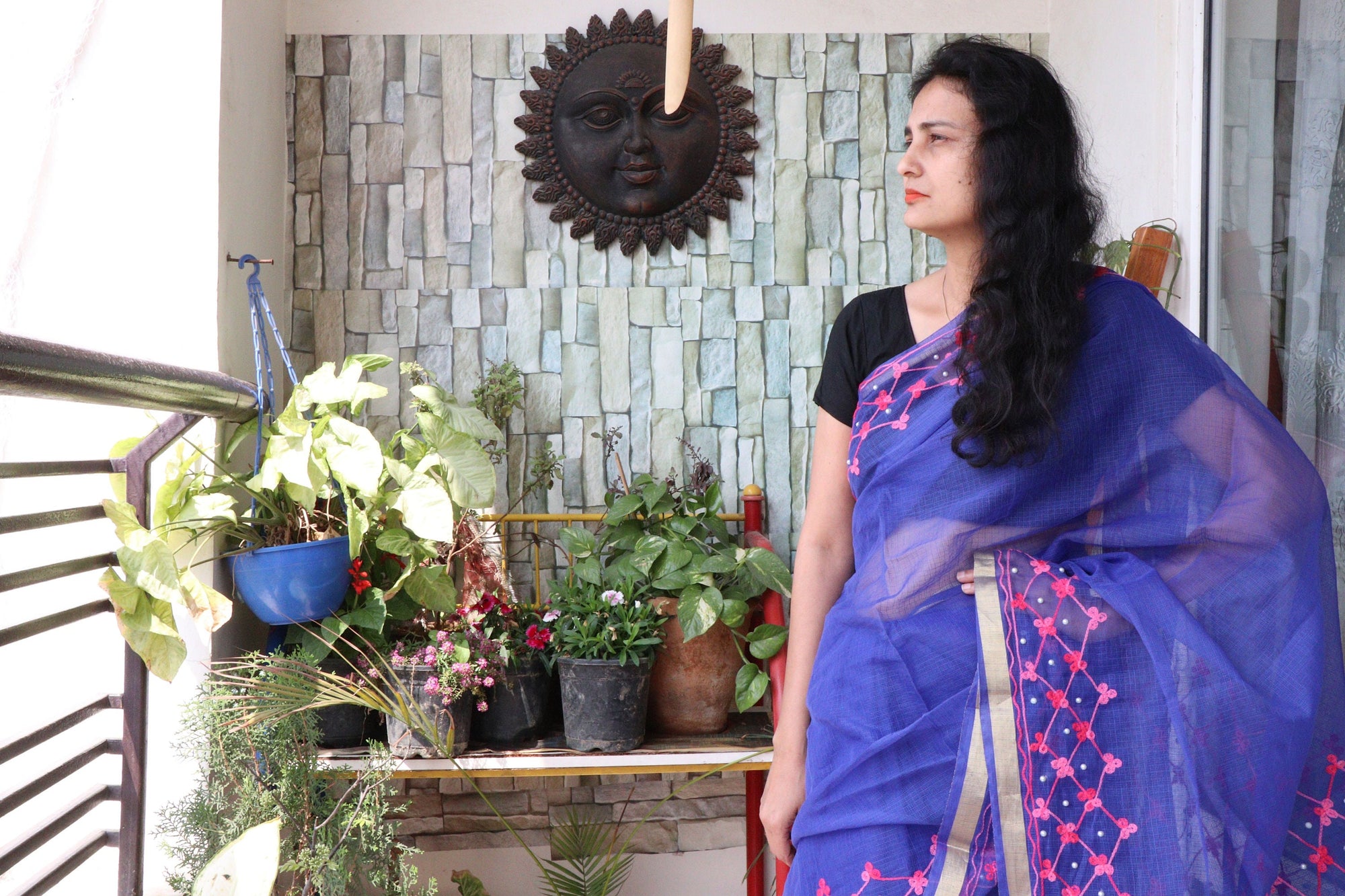 Saree - Cotton Kota Doriya - Handloom/Handwoven Saree with Wool Embroidery - Blue Bells - Sari/Indian Dress/Fabric Yard