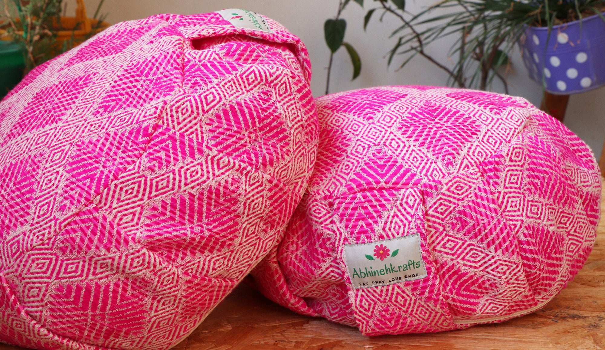 Yoga Meditation Cushion | Handwoven Handmade Round Zafu Pillow  |Zipped Cover |Washable| Portable - Fuchsia Love - Filling Options Available