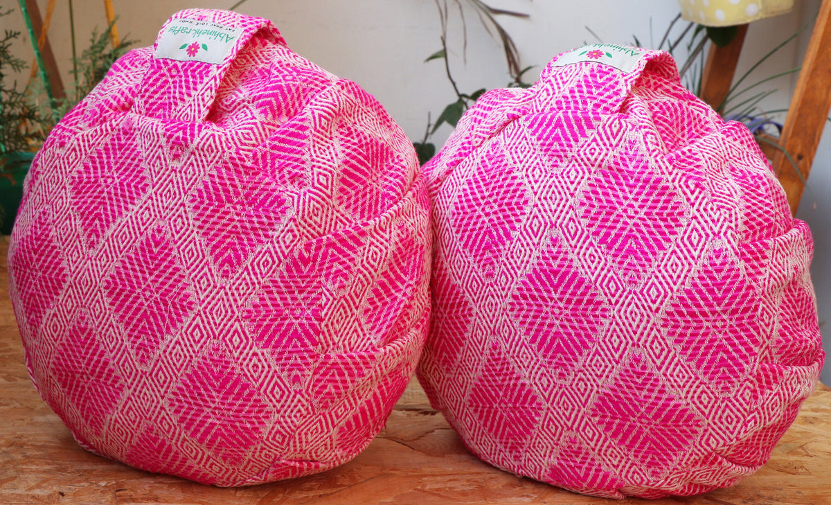 Yoga Meditation Cushion | Handwoven Handmade Round Zafu Pillow  |Zipped Cover |Washable| Portable - Fuchsia Love - Filling Options Available