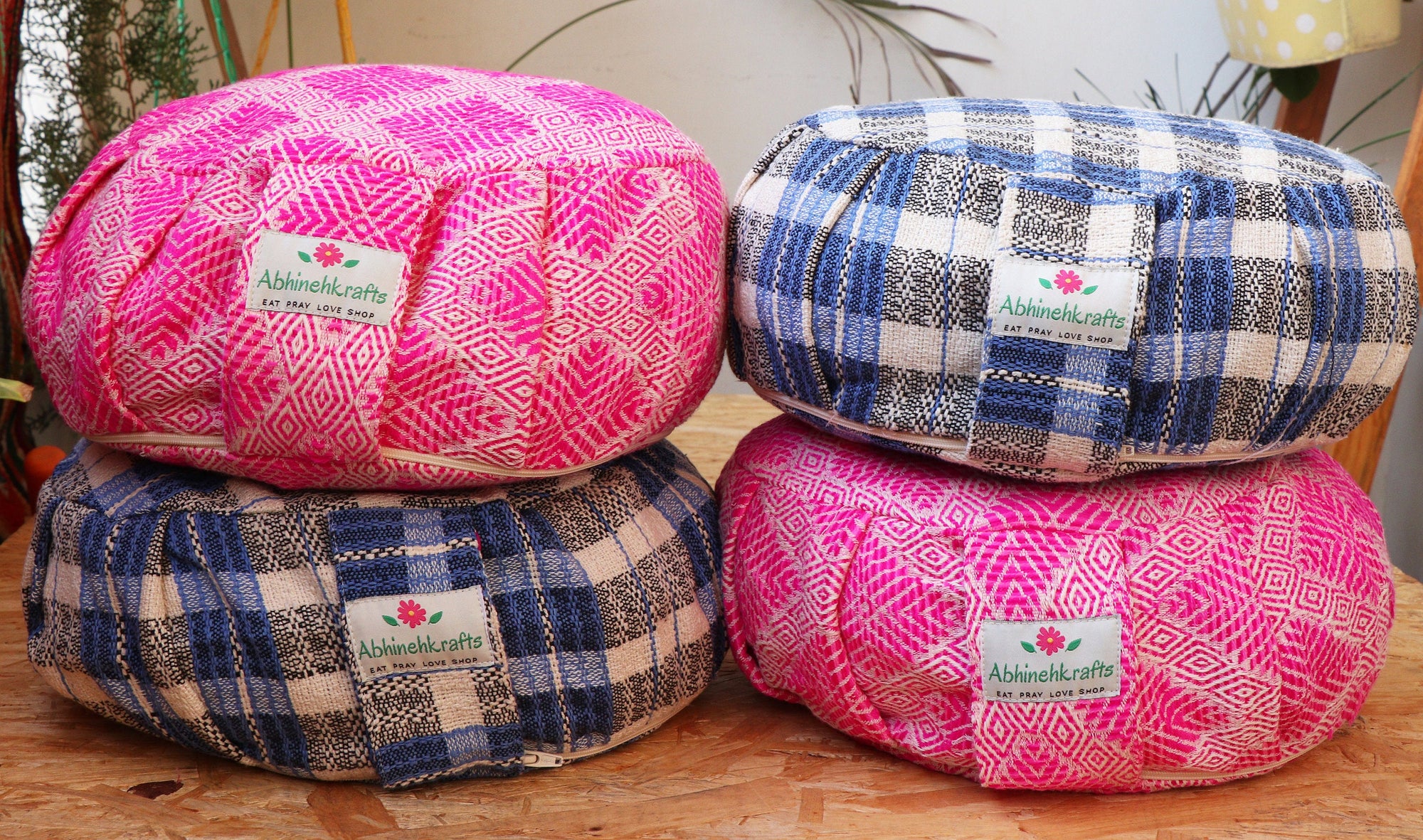 Yoga Meditation Cushion | Handwoven Handmade Round Zafu Pillow  |Zipped Cover |Washable| Portable - Fuchsia Love - Filling Options Available