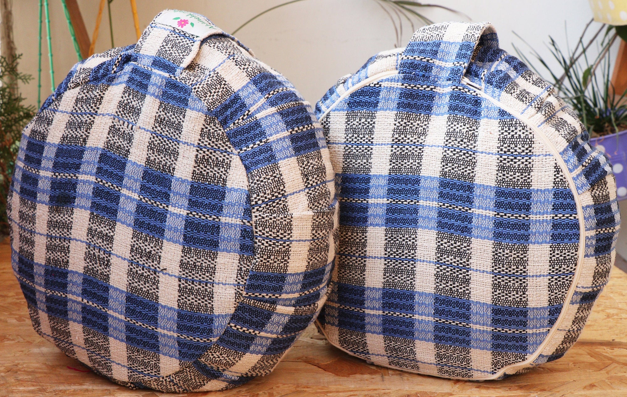 Yoga Meditation Cushion | Handwoven Handmade Round Zafu Pillow  |Zipped Cover |Washable| Portable - Azure Love - Filling Options Available