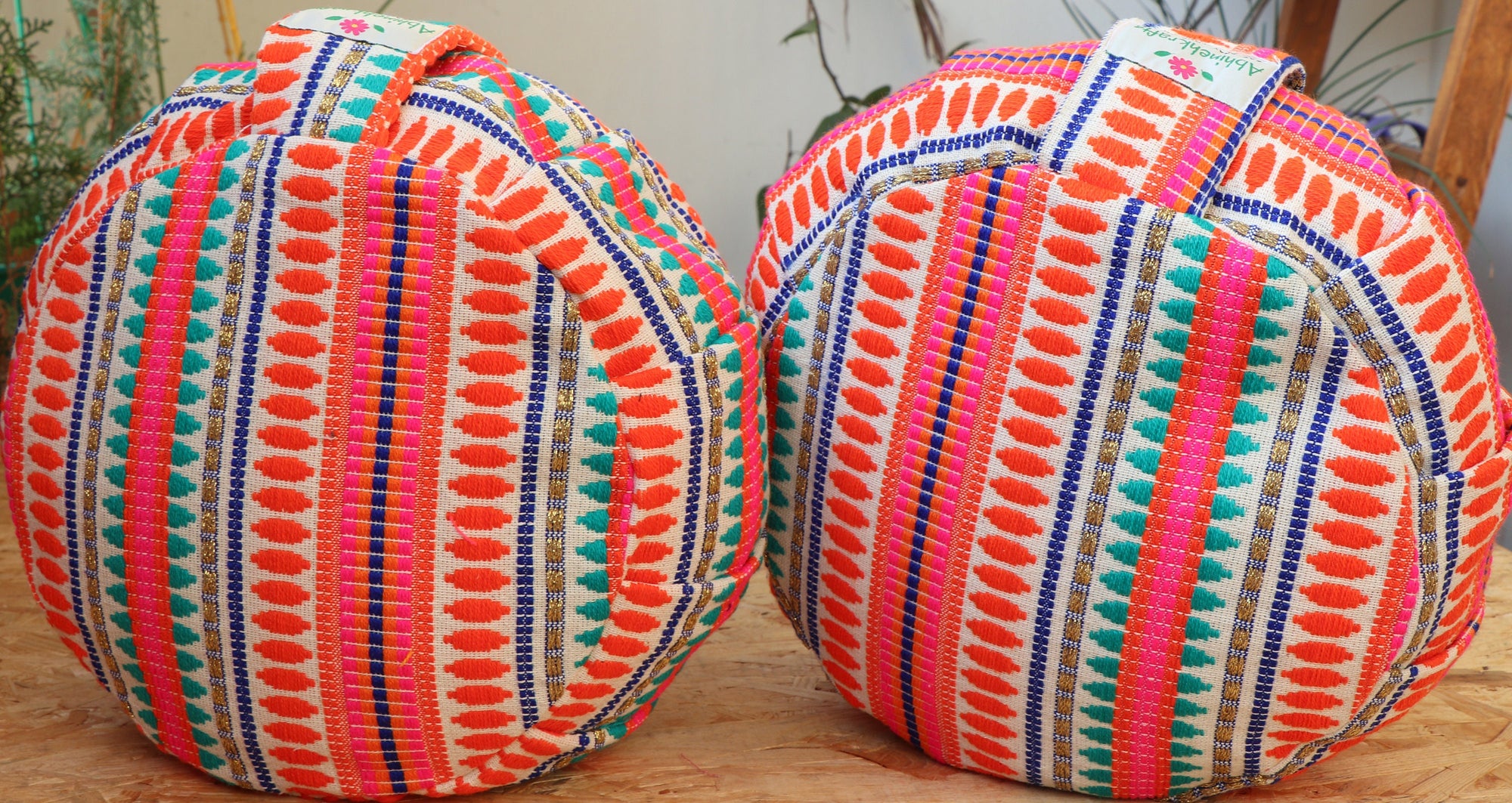 Yoga Meditation Cushion | Handwoven Handmade Round Zafu Pillow  |Zipped Cover |Washable| Portable - Carnival - Filling Options Available