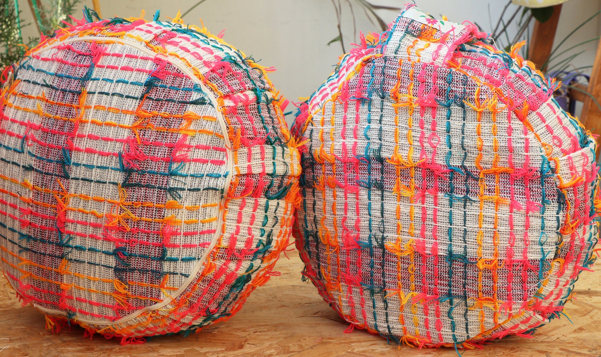 Yoga Meditation Cushion | Handwoven Handmade Round Zafu Pillow  |Zipped Cover |Washable| Portable - Rainbow - Filling Options Available