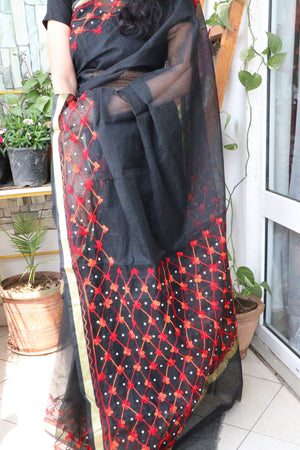Saree - Cotton Kota Doriya - Handloom/Handwoven Saree with Wool Embroidery - Black Beauty - Sari/Indian Dress/Fabric Yard