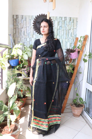 Saree - Cotton Kota Doriya - Handloom/Handwoven Saree with Wool Embroidery - Black Dots - Sari/Indian Dress/Fabric Yard