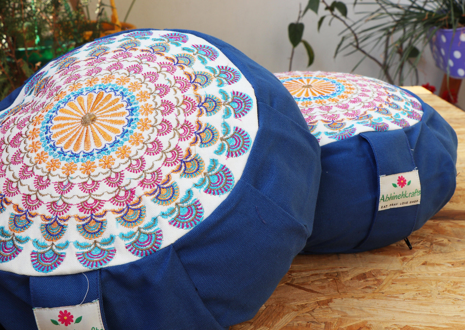 Embroidered Round Zafu Yoga Pillow |Zipped Cover |Washable| Portable - Large Size - Steel Blue & Teal Blue