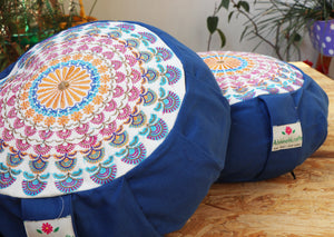 Embroidered Round Zafu Yoga Pillow |Zipped Cover |Washable| Portable - Large Size - Steel Blue & Teal Blue