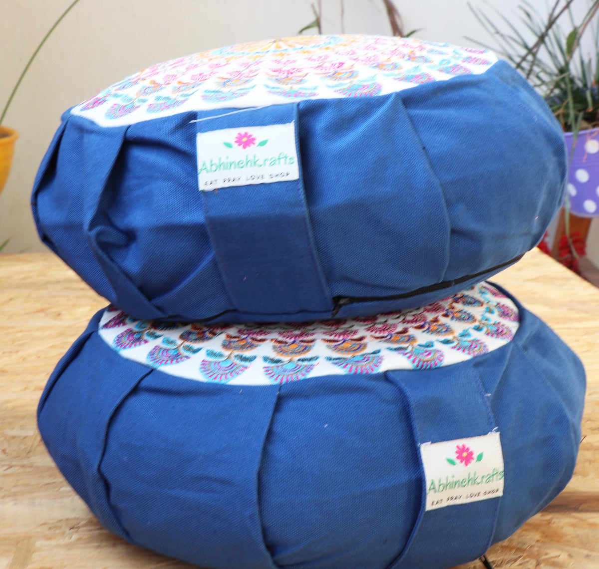 Embroidered Round Zafu Yoga Pillow |Zipped Cover |Washable| Portable - Large Size - Steel Blue & Teal Blue