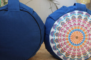 Embroidered Round Zafu Yoga Pillow |Zipped Cover |Washable| Portable - Large Size - Steel Blue & Teal Blue