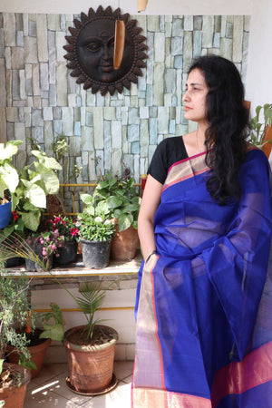 Saree - Maheshwari Silk Cotton with Zari intricate Golden Border - Egyptian Blue - Indian Sari/Indian Dress/Fabric Yard
