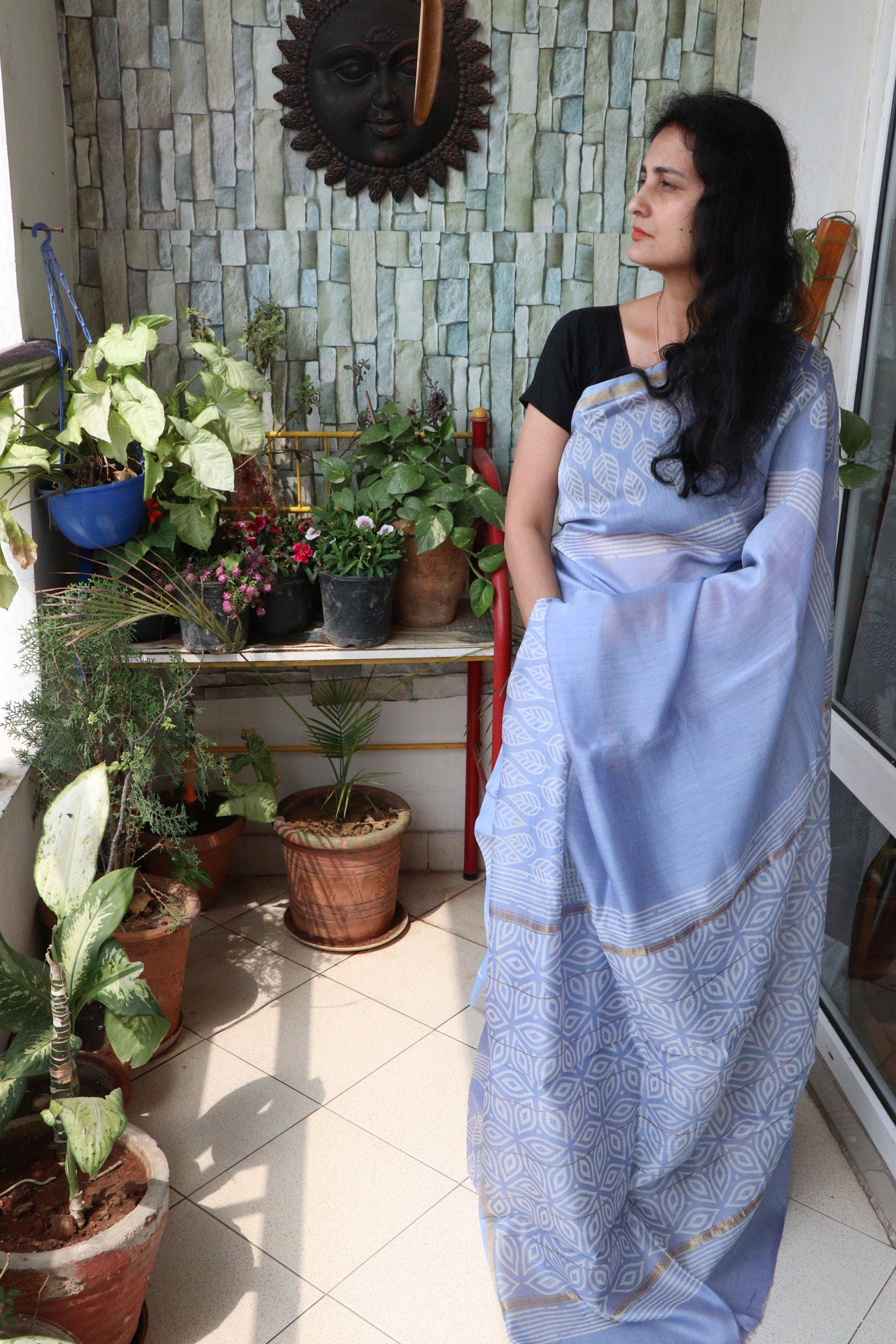 Saree - Chanderi Silk Cotton - Handblock Printed - Steel Blue - Sari/Indian Dress/Fabric Yard