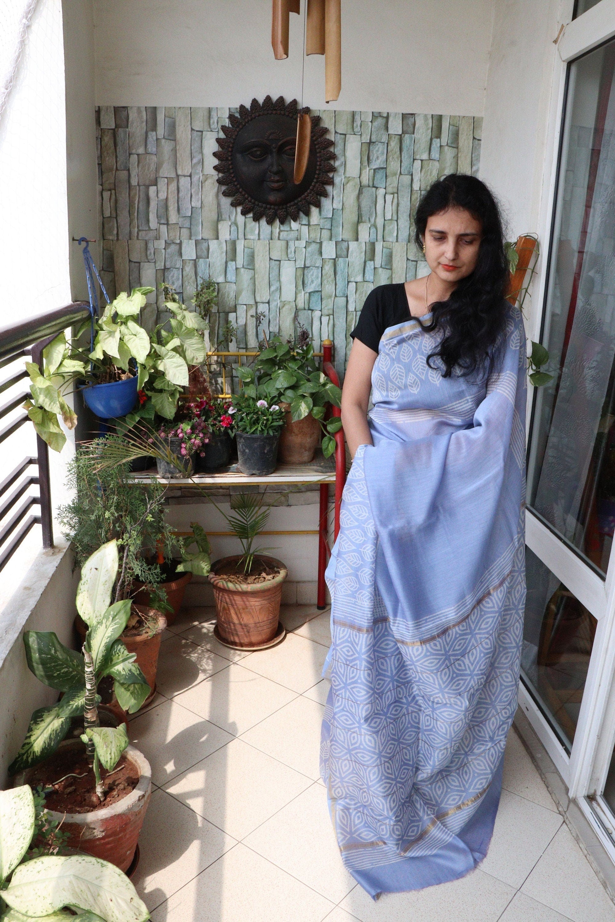 Saree - Chanderi Silk Cotton - Handblock Printed - Steel Blue - Sari/Indian Dress/Fabric Yard