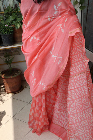 Saree - Chanderi Silk Cotton - Handblock Printed - Melon - Sari/Indian Dress/Fabric Yard