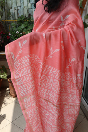 Saree - Chanderi Silk Cotton - Handblock Printed - Melon - Sari/Indian Dress/Fabric Yard