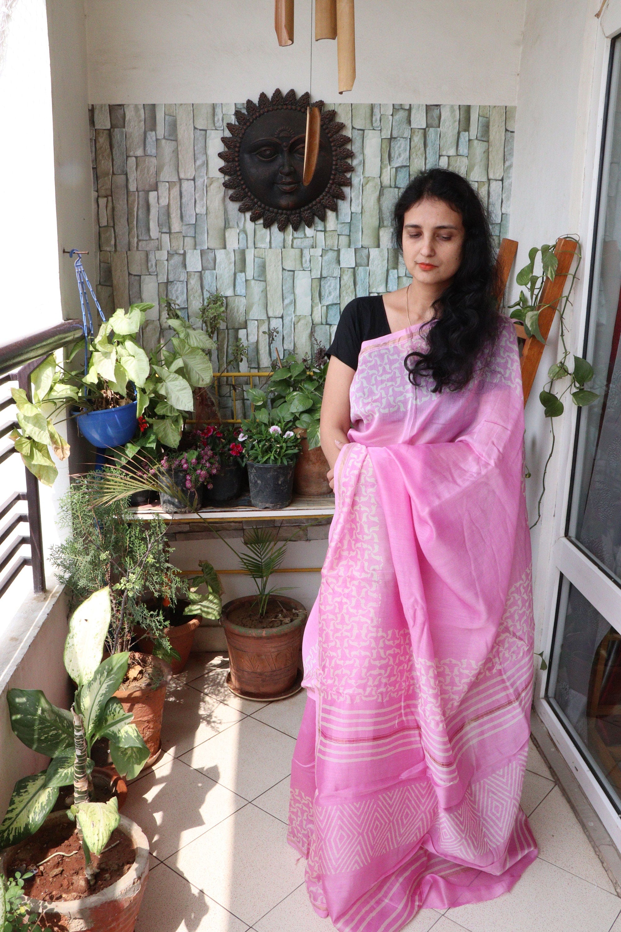 Saree - Chanderi Silk Cotton - Handblock Printed - Taffy Pink - Sari/Indian Dress/Fabric Yard