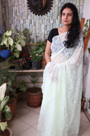Saree - Chikankari/Tepchi Embroidered Georgette Saree - Pale Green - Sari/Indian Dress/Fabric Yard