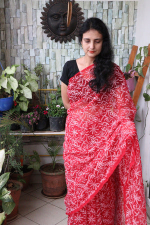 Saree - Chikankari/Tepchi Embroidered Georgette Saree - Crimson - Sari/Indian Dress/Fabric Yard