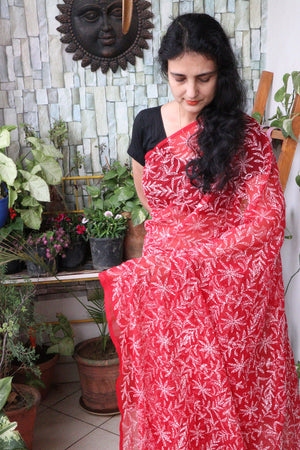 Saree - Chikankari/Tepchi Embroidered Georgette Saree - Crimson - Sari/Indian Dress/Fabric Yard