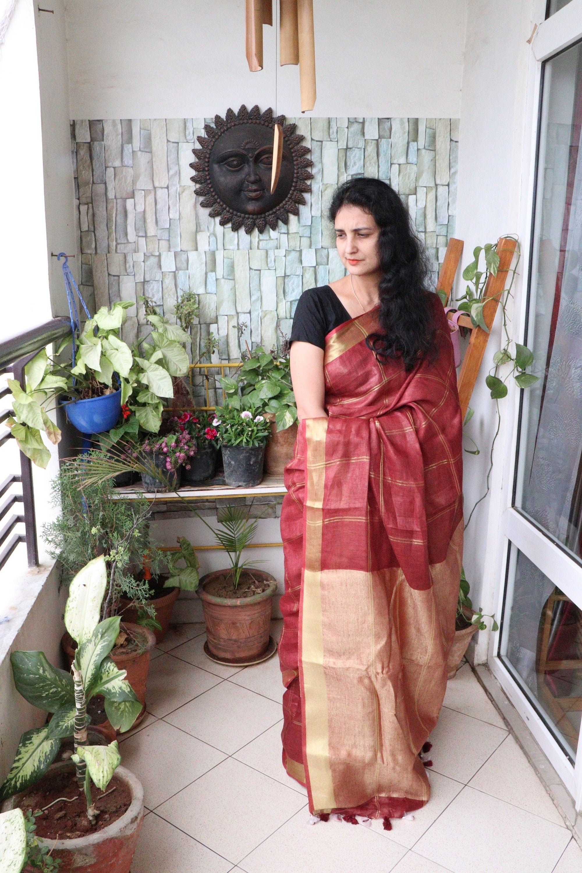 Saree - Handwoven Linen with a woven golden Aanchal and Golden Border- Rust - Indian Sari/Indian Dress/Fabric Yard