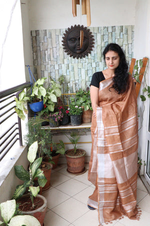 Saree - Handwoven Linen with a woven golden Aanchal and Golden Border- Earthy Brown - Indian Sari/Indian Dress/Fabric Yard