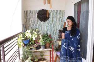 Saree - Handblock Printed Cotton Muslin  Saree - Indigo Steps