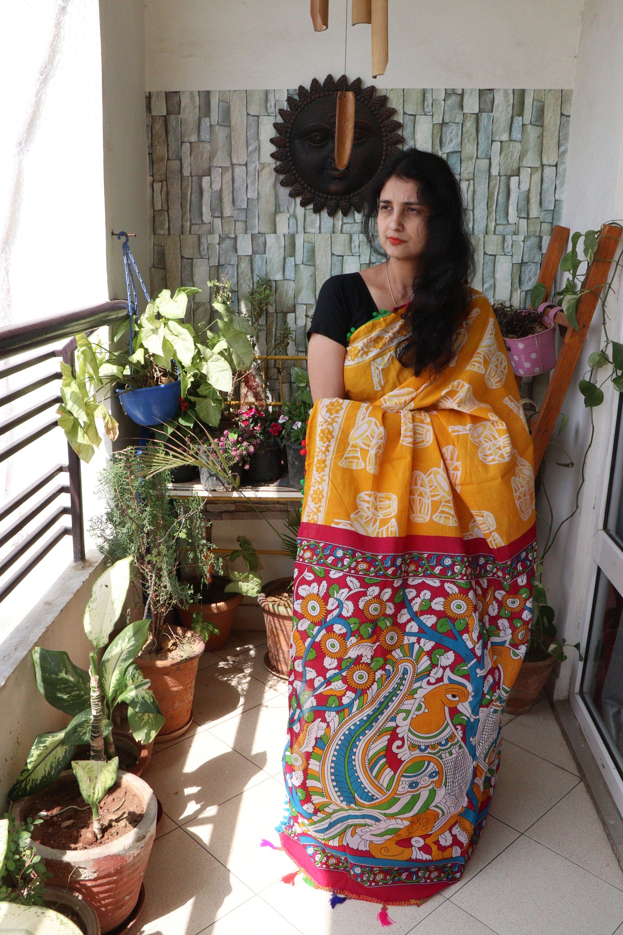 Saree - Screen Printed Cotton Muslin  Saree - Kalamkari Print - Butter Yellow