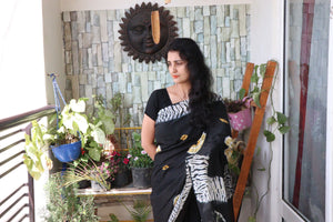 Saree - Screen Printed Cotton Muslin  Saree - Tie-Dye Bandhani Print - Onyx