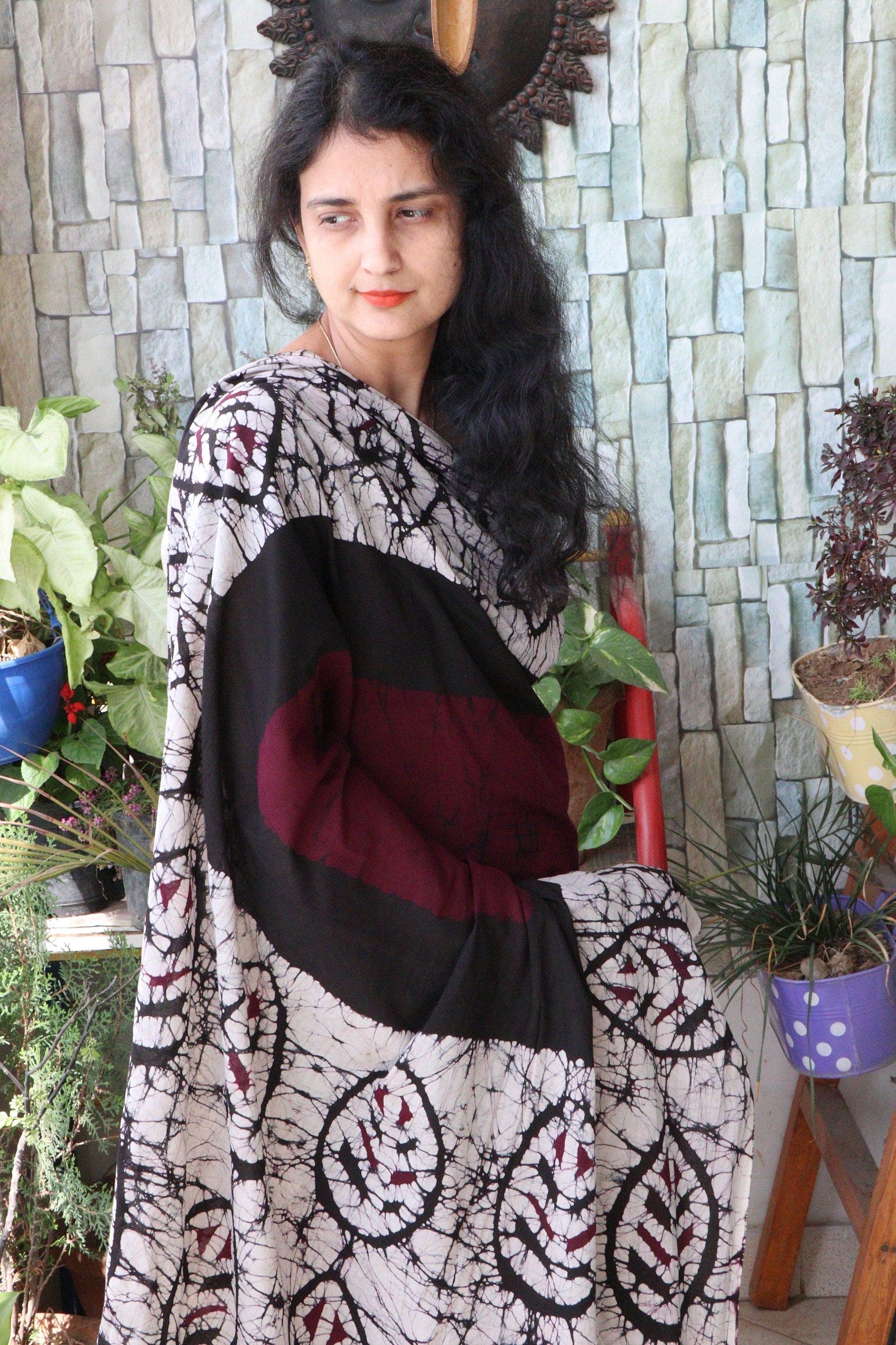 Saree - Handblock Printed Cotton Muslin  Saree - Wine - Leafy Love
