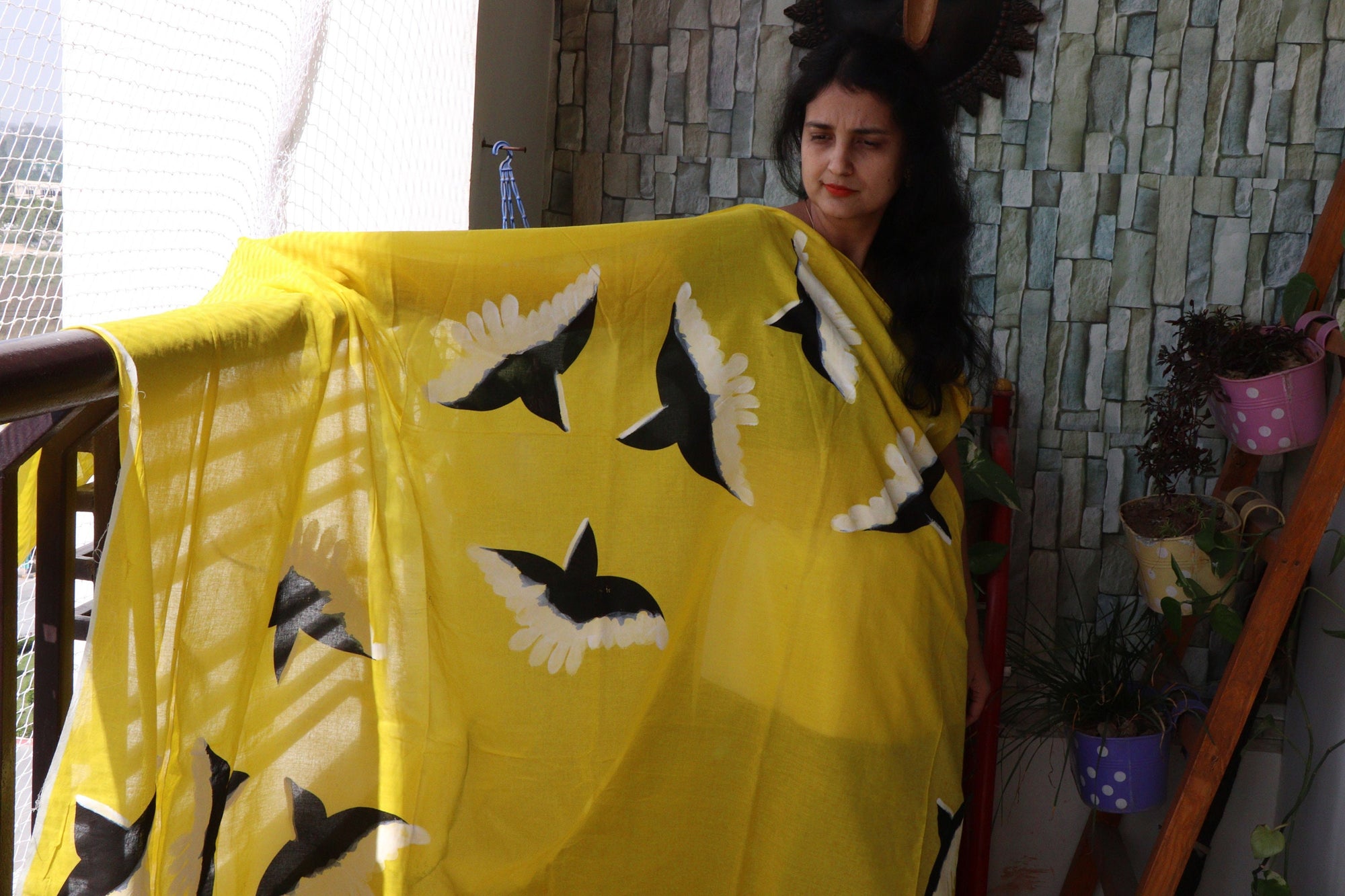 Saree - Handblock Printed Cotton Muslin  Saree - Fly away - Buttercup and Black