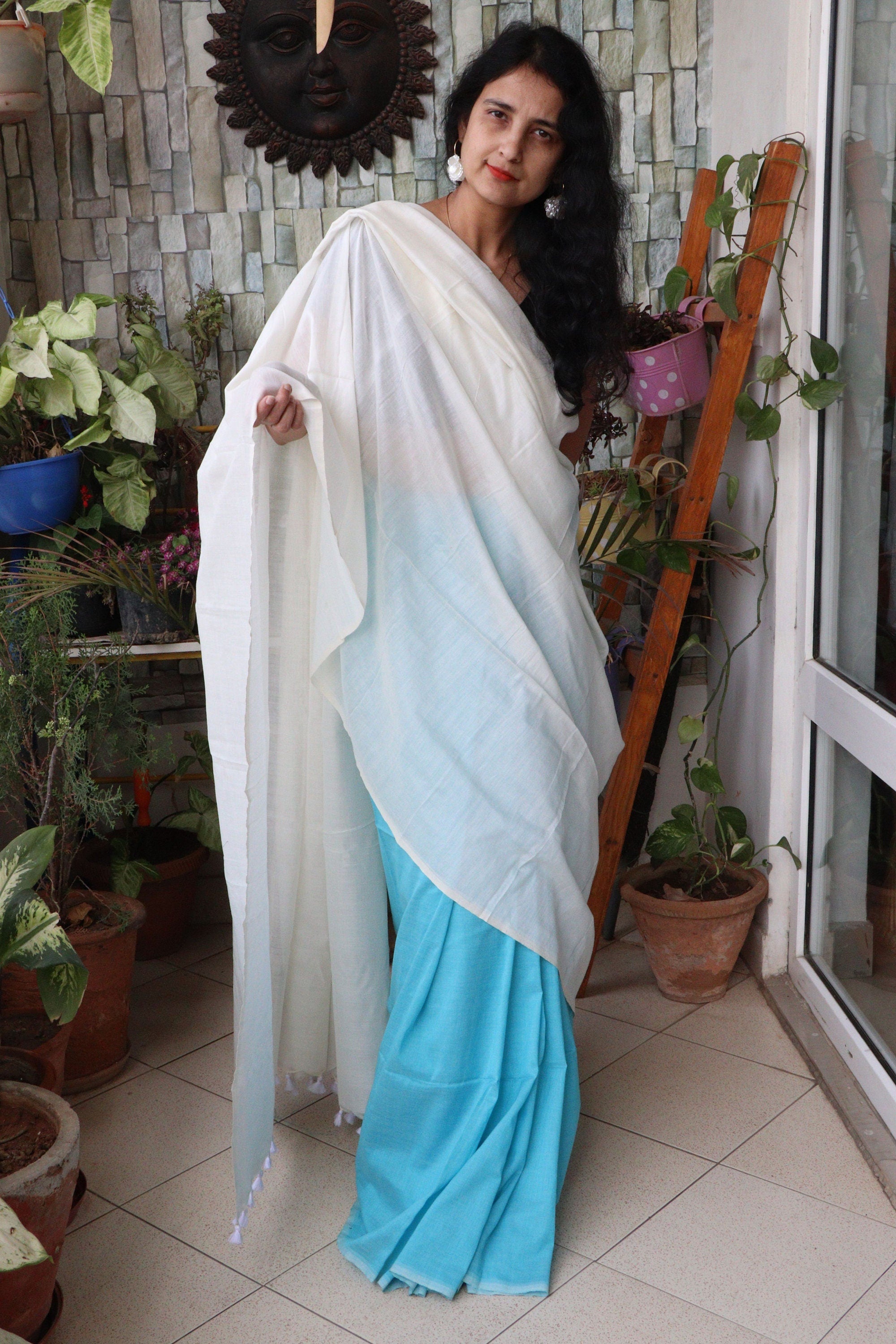 Handwoven Saree - Solid Dual Colored Cotton Muslin/Mulmul Saree - Sky Blue and Pearl