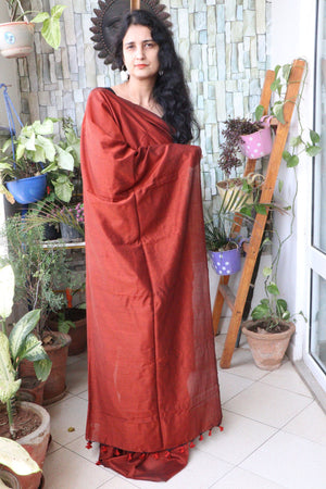 Handwoven Saree - Solid Colored Cotton Muslin/Mulmul Saree - Pecan Syrup