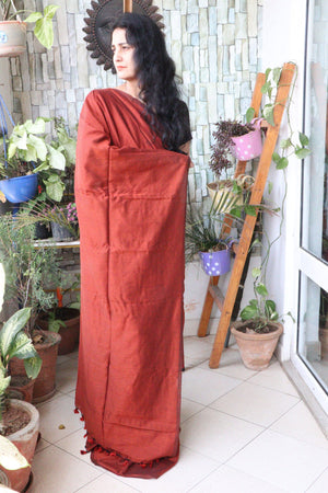 Handwoven Saree - Solid Colored Cotton Muslin/Mulmul Saree - Pecan Syrup