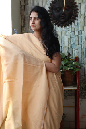 Handwoven Saree - Solid Colored Cotton Muslin/Mulmul Saree - Fawn Delight