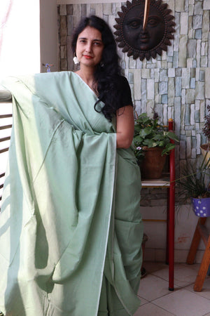 Handwoven Saree - Solid Colored Cotton Muslin/Mulmul Saree - Pistachio