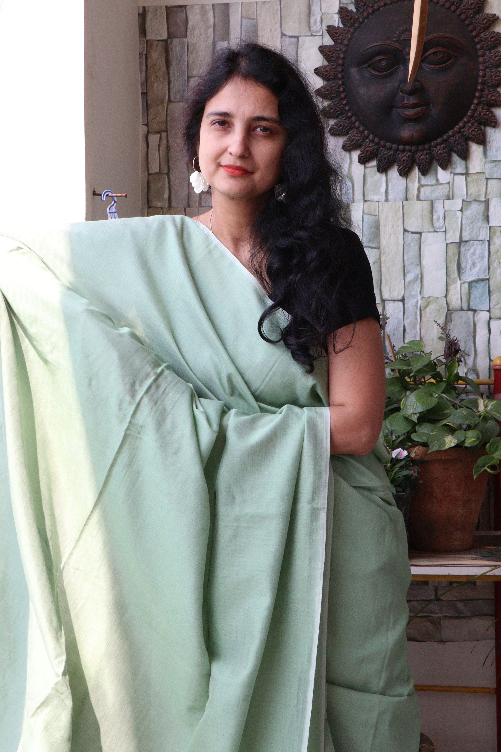 Handwoven Saree - Solid Colored Cotton Muslin/Mulmul Saree - Pistachio