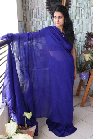 Handwoven Saree - Solid Colored Cotton Muslin/Mulmul Saree - Cobalt Love