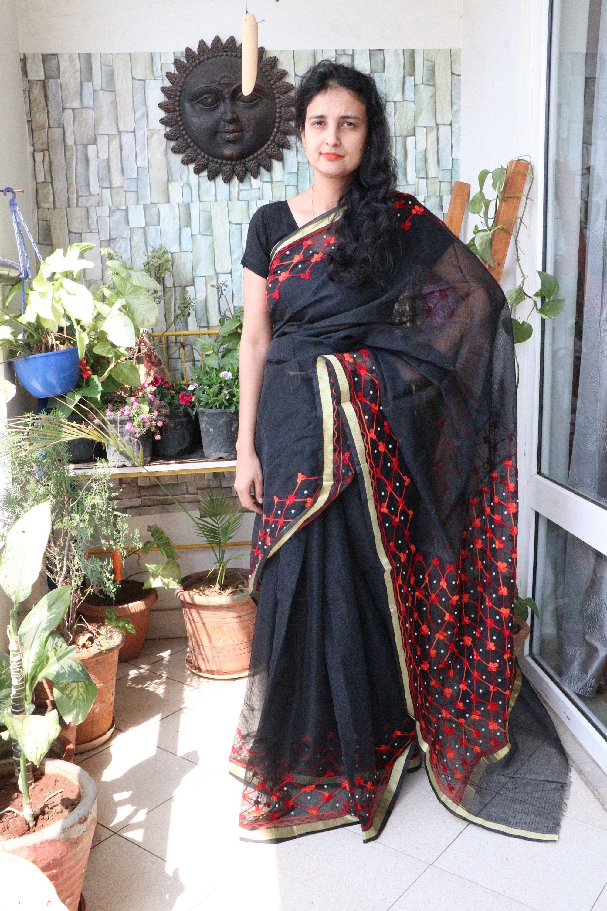 Saree - Cotton Kota Doriya - Handloom/Handwoven Saree with Wool Embroidery - Black Beauty - Sari/Indian Dress/Fabric Yard