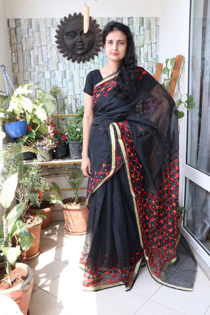 Saree - Cotton Kota Doriya - Handloom/Handwoven Saree with Wool Embroidery - Black Beauty - Sari/Indian Dress/Fabric Yard