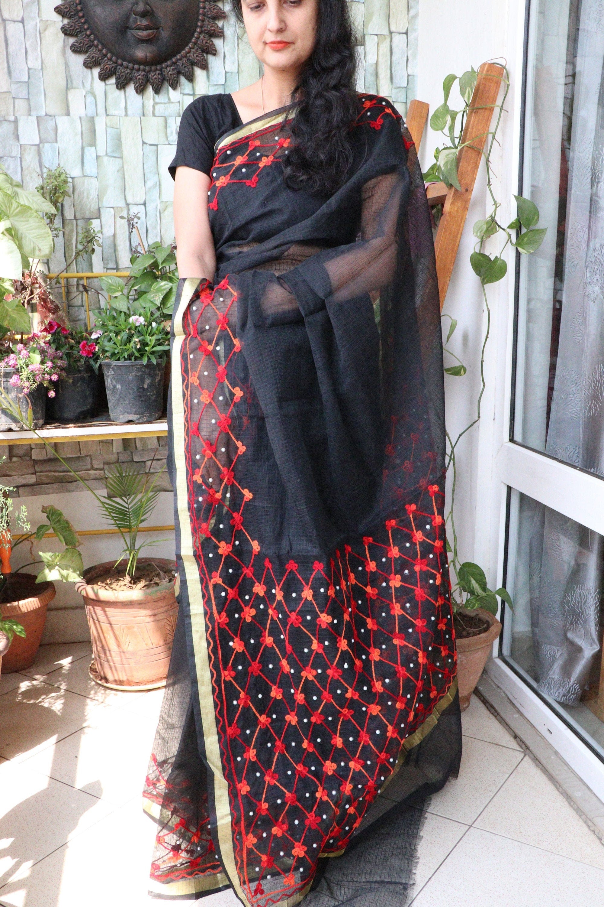 Saree - Cotton Kota Doriya - Handloom/Handwoven Saree with Wool Embroidery - Black Beauty - Sari/Indian Dress/Fabric Yard