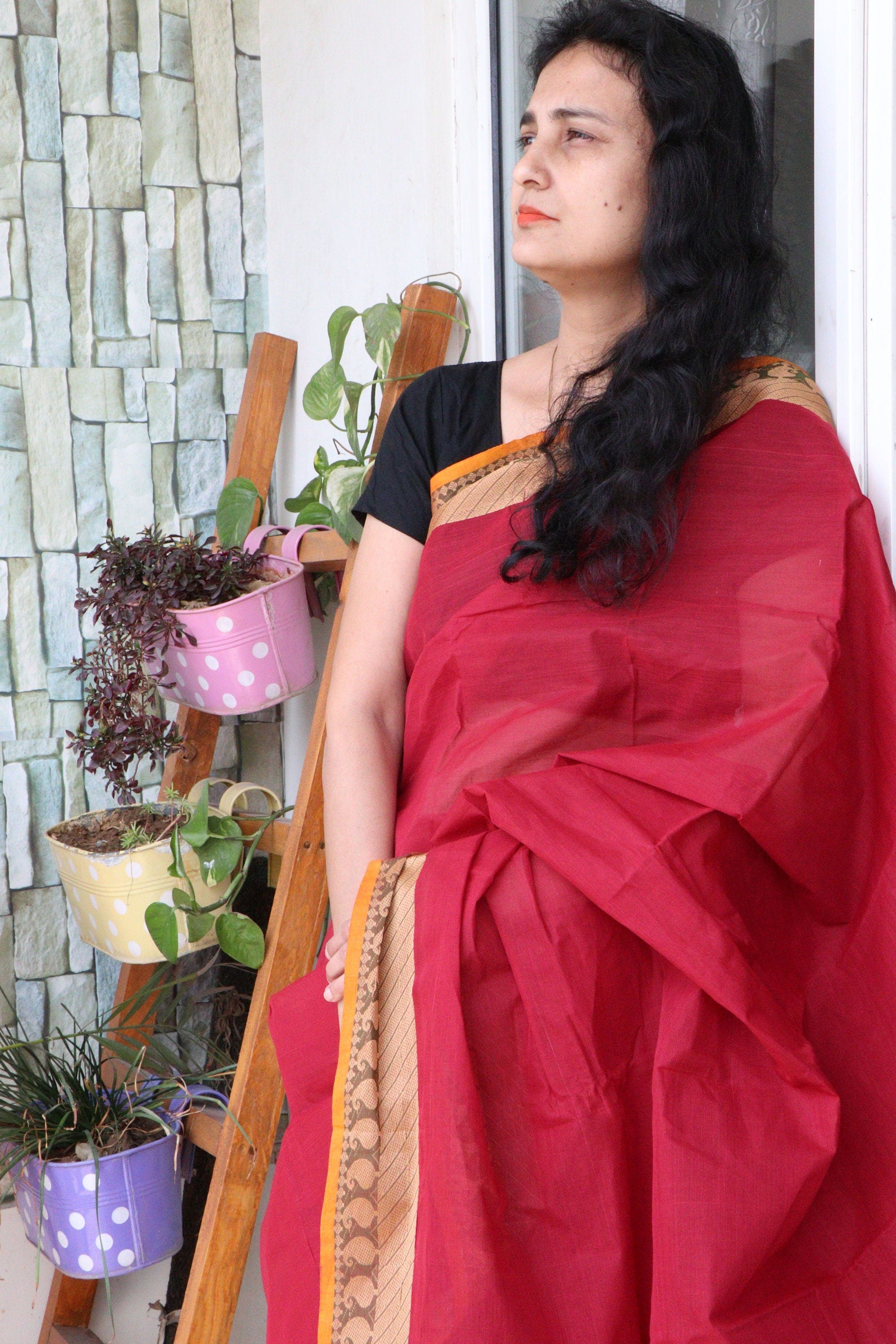 Saree - Cotton Handloom/Handwoven Tant - Sindoor Red - Sari/Indian Dress/Fabric Yard