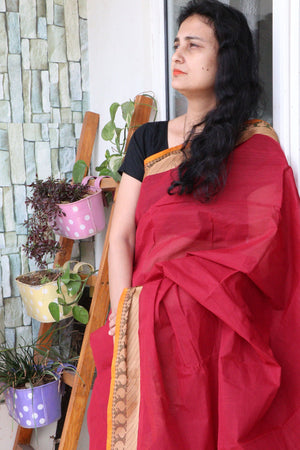Saree - Cotton Handloom/Handwoven Tant - Sindoor Red - Sari/Indian Dress/Fabric Yard