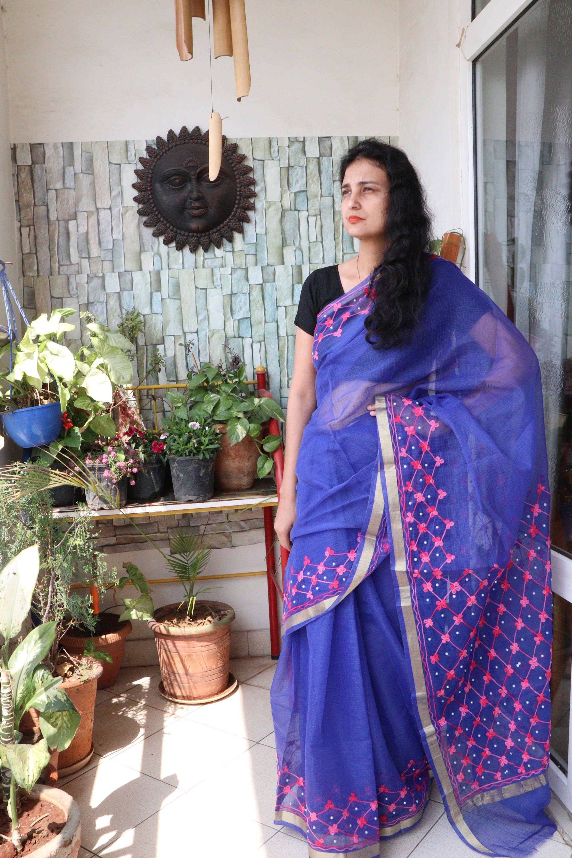 Saree - Cotton Kota Doriya - Handloom/Handwoven Saree with Wool Embroidery - Blue Bells - Sari/Indian Dress/Fabric Yard