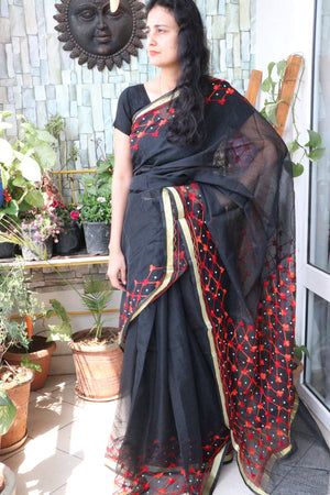 Saree - Cotton Kota Doriya - Handloom/Handwoven Saree with Wool Embroidery - Black Beauty - Sari/Indian Dress/Fabric Yard