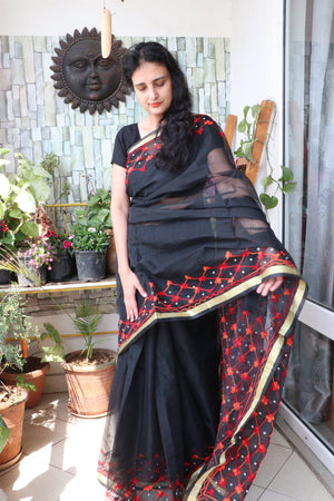 Saree - Cotton Kota Doriya - Handloom/Handwoven Saree with Wool Embroidery - Black Beauty - Sari/Indian Dress/Fabric Yard