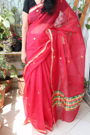 Saree - Cotton Kota Doriya - Handloom/Handwoven Saree with Wool Embroidery - Red Dots - Sari/Indian Dress/Fabric Yard