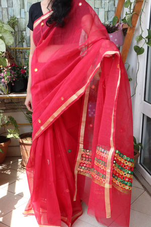 Saree - Cotton Kota Doriya - Handloom/Handwoven Saree with Wool Embroidery - Red Dots - Sari/Indian Dress/Fabric Yard