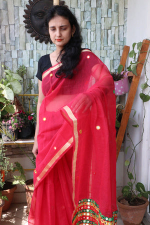 Saree - Cotton Kota Doriya - Handloom/Handwoven Saree with Wool Embroidery - Red Dots - Sari/Indian Dress/Fabric Yard